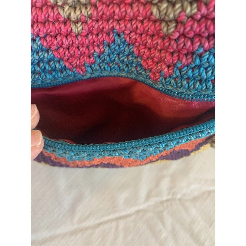 The Sak Chevron Multicolor Crocheted Lined Shoulder Bag Bright Hot Pink~Teal
